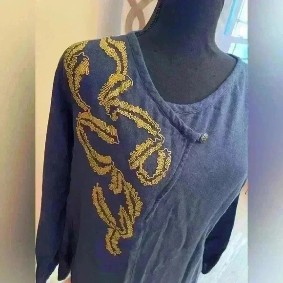 Soft Surroundings Lagenlook Blue Long Sleeved Tunic Gold Embroidery Women’s Sz M - Picture 11 of 12
